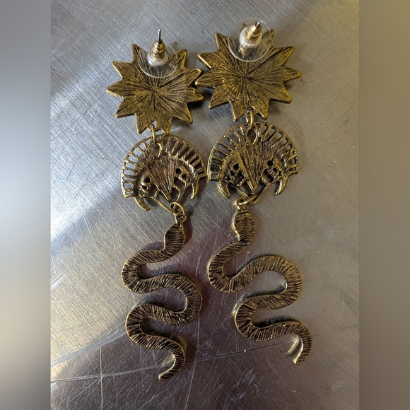 Snake Earrings Medieval Goth Grunge Bohemian Style Brass Gold Tone Post - Picture 2 of 2